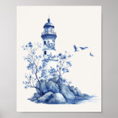 Poster Phare avec mouettes - Bleu côtier sur beige (Devant)