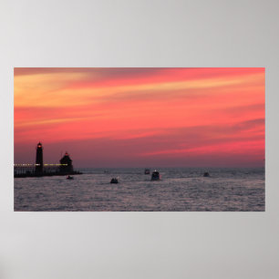 Poster Phare contre le coucher du soleil majestueux sur