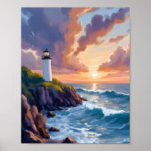 Poster Phare côtier au coucher du soleil | Peinture de pl (Devant)