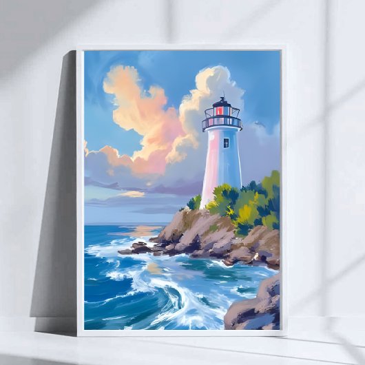 Poster Phare côtier | Mer aux vagues de l'océan bleu