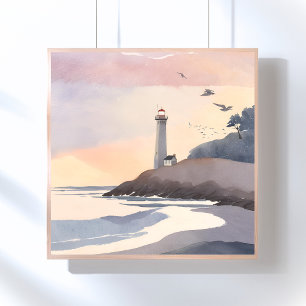 Poster Phare côtier Peinture aquarelle de plage