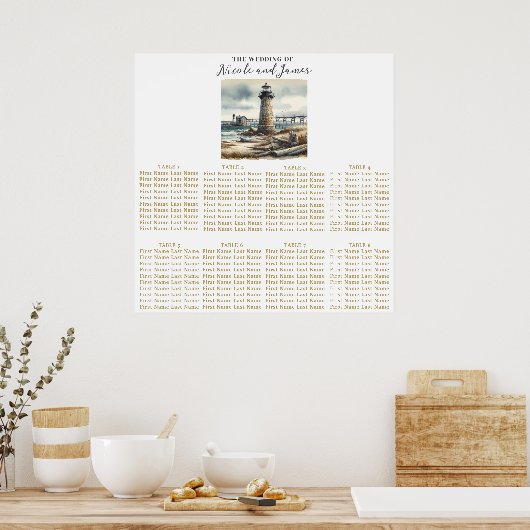 Poster Phare côtier rustique avec sièges de plage (Cuisine)