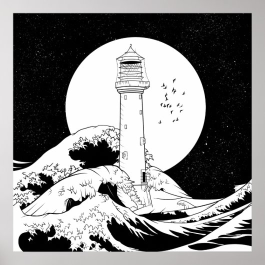 Poster Phare de Bell Rock noir et blanc (Devant)