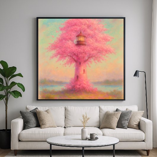 Poster Phare de Cherry Blossom - Style Peinture Pastel