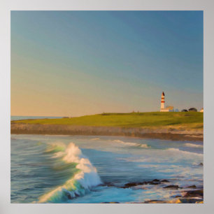 Poster Phare de la baie d'aquarelle avec les vagues océan