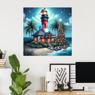 Poster Phare de Noël tropical fantaisiste sarcelle rouge