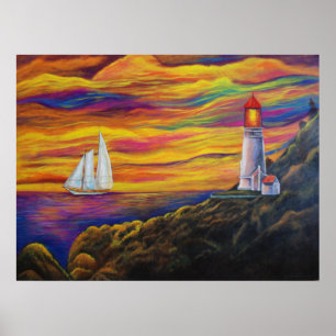 Poster Phare de Sunset Sailboat paysage Mountain