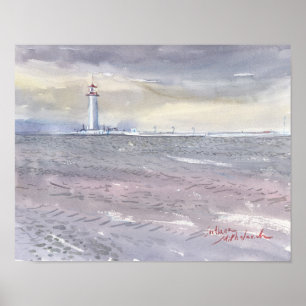 Poster Phare d'Odessa et aquarelle grise de la mer Noire
