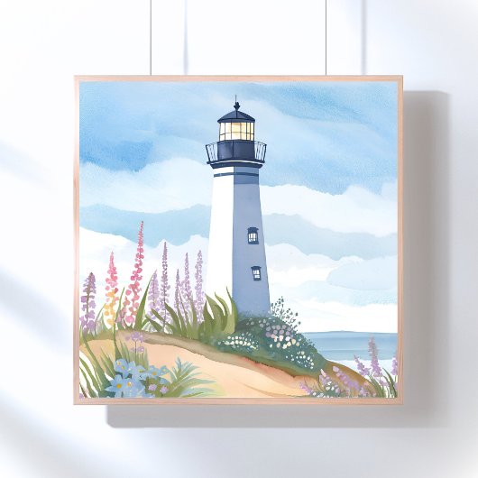 Poster Phare en fleurs | Fleur aquarelle côtière