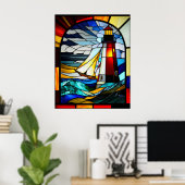 Poster Phare en verre tendu et navire (Bureau à domicile)
