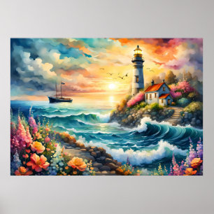 Poster Phare Jardin floral sur la mer
