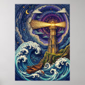 Poster phare la nuit avec des vagues (Devant)
