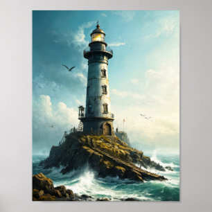 Poster Phare paisible avec mouette dans la mer du nord