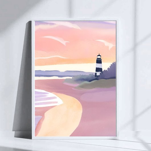 Poster Phare pastel | Aquarelle de rivage de plage côtièr