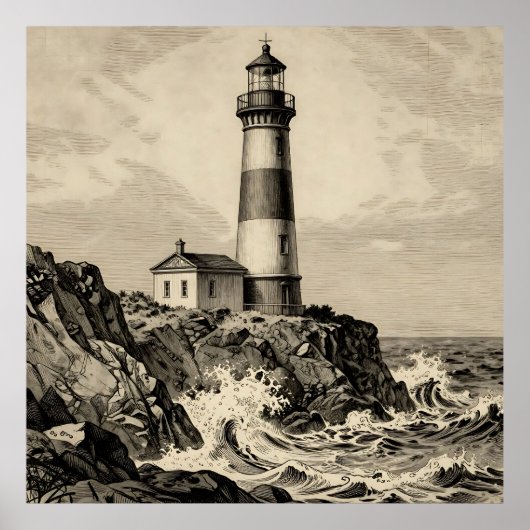 Poster Phare rayé vintage côte orageuse (Devant)