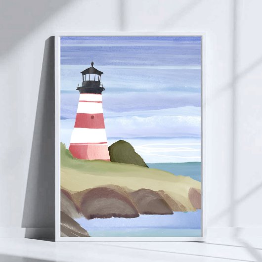 Poster Phare rouge | Peinture aquarelle de l'océan côtier