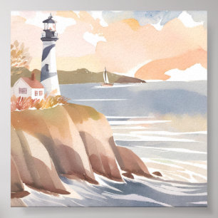 Poster Phare sur la Côte Aquarelle Océan