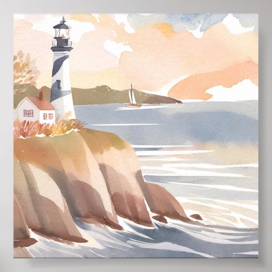 Poster Phare sur la rive | Océan aquarelle (Devant)