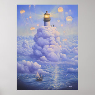 Poster Phare surréaliste dans les nuages et les méduses