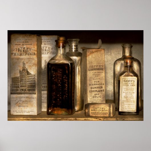 Poster Pharmacie - Objets en bouteilles et boîtes (Devant)