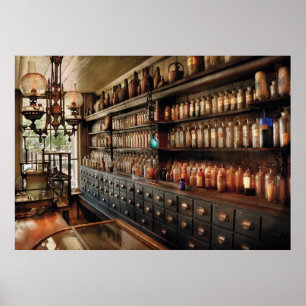 Poster Pharmacie - Tant de tiroirs et de bouteilles