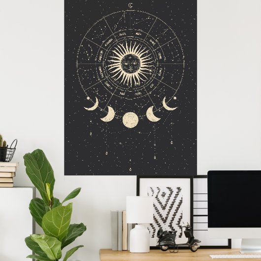 Poster Phases Boho noir et beige Zodiac Moon (Bureau à domicile)