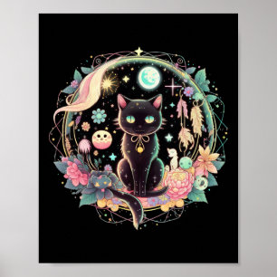 Poster Phases Lune Crystal Witchite Cute Black Cat Kawaii