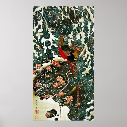 Poster Pheasants à Snow, Pine Tree, Roses, Japanese Flora (Devant)