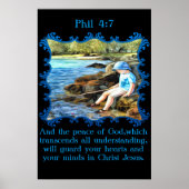 Poster Phil 4:7 Enfant garçon pêche dans la rivière. (Devant)