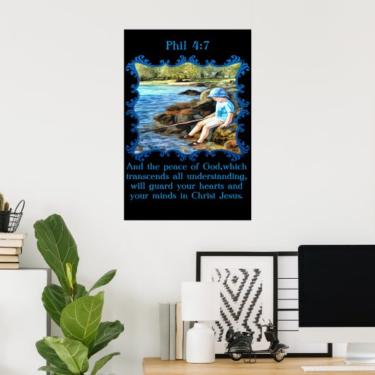 Poster Phil 4:7 Enfant garçon pêche dans la rivière. (Bureau à domicile)