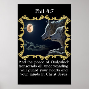 Poster Phil 4:7 Loups regardant la pleine lune.