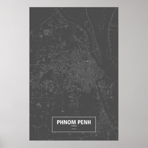 Poster Phnom Penh, Cambodge (blanc sur noir)