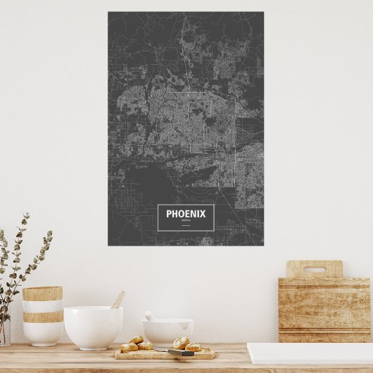 Poster Phoenix, Arizona (blanc sur noir) (Cuisine)