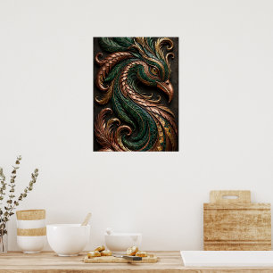 Poster Phoenix Mosaïque 3D Vert Noir Orange