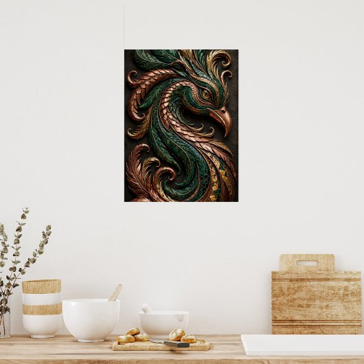 Poster Phoenix Mosaïque 3D Vert Noir Orange (Cuisine)