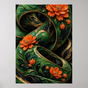 Poster Phoenix Mosaïque 3D Vert Noir Orange