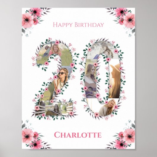 Poster Photo Collage 20e anniversaire fille rose Fleur bl (Devant)