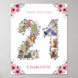 Poster Photo Collage 21e anniversaire fille rose Fleur bl