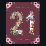 Poster Photo Collage Big 21st Birthday Rose Flower Woman<br><div class="desc">Créez un vingt-et-un Anniversaire six photos collage dans un grand nombre vingt première forme. Décoré avec de belles et belles aquarelles rose vif fleurs et feuillage vert. Grand cadeau du 21e anniversaire pour les femmes. Collage photo numéro 21 personnalisé pour un produit unique et très spécial.</div>