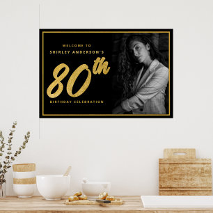 Poster Photo de 80e anniversaire noir élégant feuille de