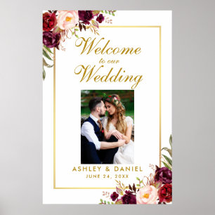Poster Photo de bienvenue de mariage floral bordeaux or