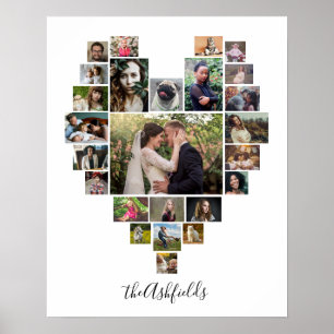 Poster Photo de famille Collage Coeur 25 Photos Nom Blanc