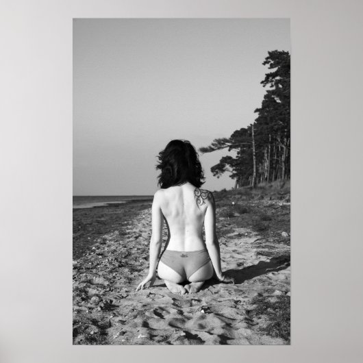 Poster Photo de la plage de tatouage de bikini noir et bl (Devant)