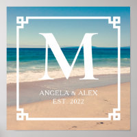 Photo de mariage avec monogramme de la plage panor