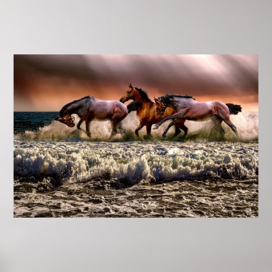 Poster Photo dramatique de chevaux courant sur une plage, (Devant)