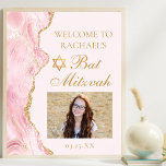 Poster Photo du parti Bat mitzvah de l'Agate rose chic<br><div class="desc">Une agate rose et or chic orne le côté de cet élégant poster de bienvenue Bat mitzvah. Le nom de votre fille est écrit dans une belle écriture formelle avec l'étoile de David au-dessus de sa photo d'anniversaire. Parfait pour une famille juive moderne et élégante célébrant l'appel de leur fille...</div>