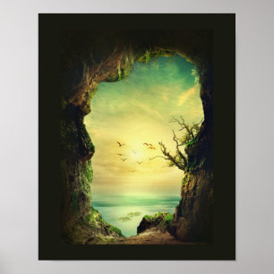 Poster Photo d'une grotte dominant une mer tropicale