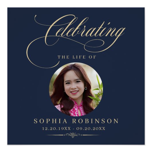 Poster Photo Elegant Blue Gold Script Funeral Memorial  (Devant)