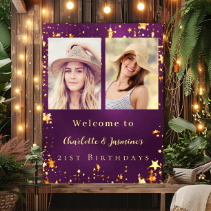 Poster Photo en or violet étoiles 2 personnes anniversair