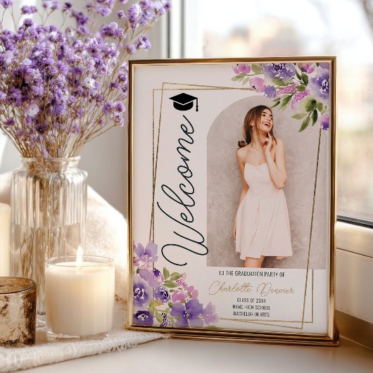 Poster Photo Floral Boho violet or script de fin d'études